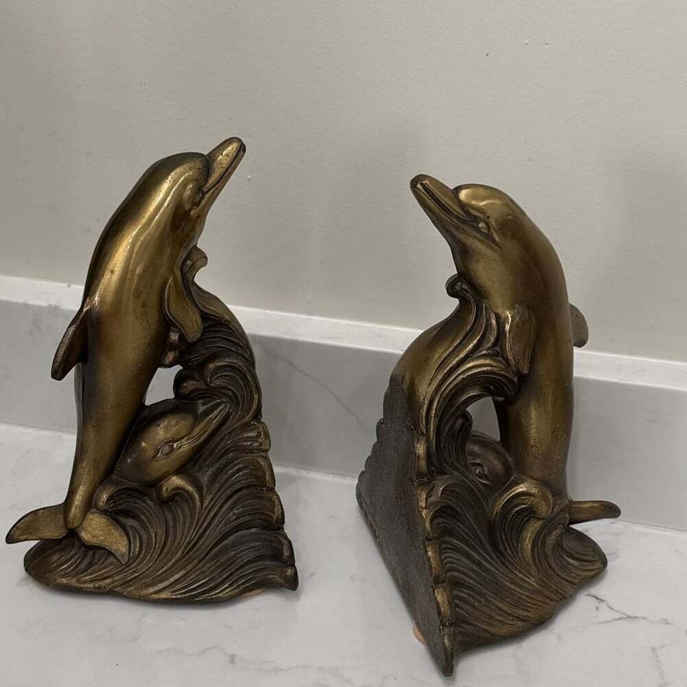 Vintage Gold brass Dolphin bookends collectable decor figurines